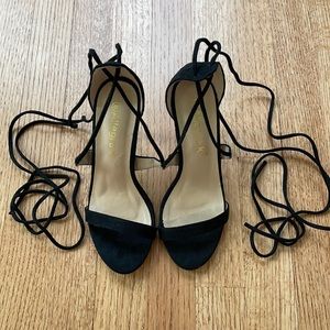 Black Strappy Lace Up Heels Suede 3.5”